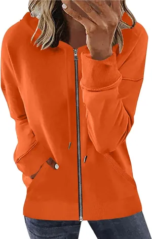 Womens Full Zip Up Hoodies Trendy 2023 Lightweight Fall Jackets Long Sleeve Solid Tunic Tops Hooded Zipper Sweatshirts