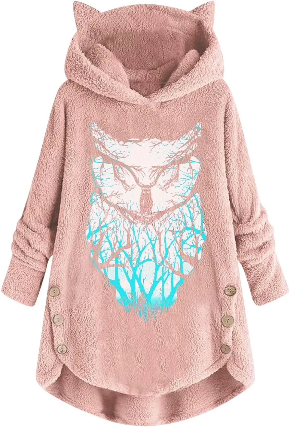 Women's Fuzzy Fleece Oversized Hoodies Cat Ear Hooded Pullover Sweatshirts Cute Owl Print Winter Warm Coats Tops