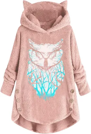 Women's Fuzzy Fleece Oversized Hoodies Cat Ear Hooded Pullover Sweatshirts Cute Owl Print Winter Warm Coats Tops