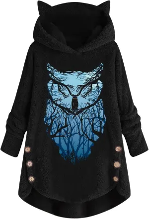 Women's Fuzzy Fleece Oversized Hoodies Cat Ear Hooded Pullover Sweatshirts Cute Owl Print Winter Warm Coats Tops