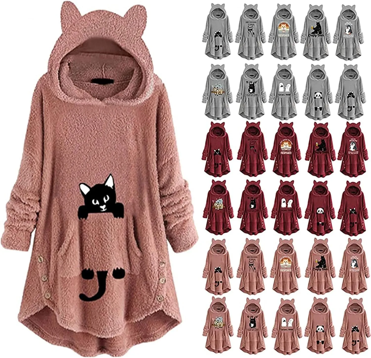 Women's Fuzzy Fleece Pullover Hoodie with Cat Ear Sherpa Oversized Hooded Sweatshirts Cute Pocket Winter Warm Coats