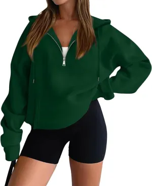 Womens Half Zip Hoodies Cropped Pullover Casual Long Sleeve Hooded Sweatshirts Quarter Zipper Sweatshirt Fall Clothes