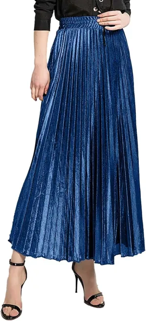 Womens High Elastic Waist Skirt Pleated A Line Swings Midi Velvet Skirts Women's Velvet Pleated Midi Skirt