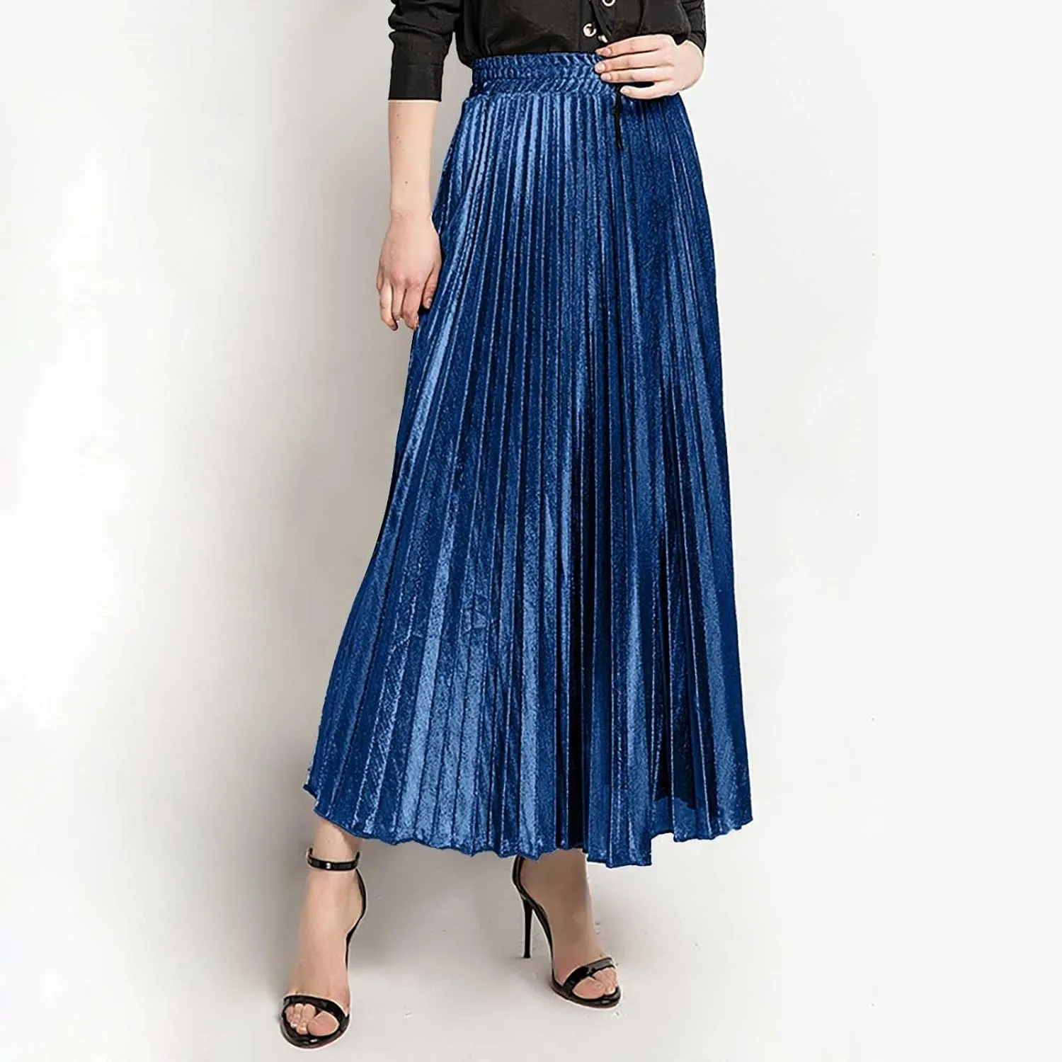 Womens High Elastic Waist Skirt Pleated A Line Swings Midi Velvet Skirts Women's Velvet Pleated Midi Skirt