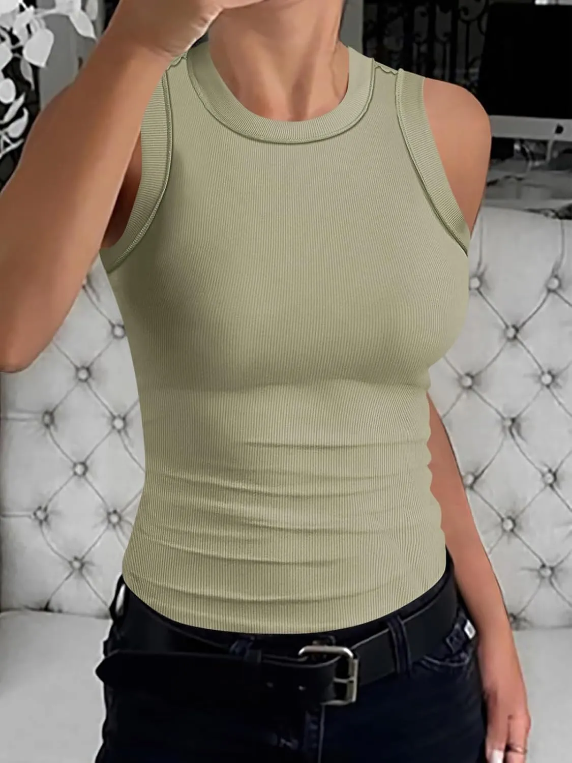 Womens High Neck Tank Tops Sleeveless Ribbed Exposed Seam Curved Hem Slim Fit Fashion Summer Top Shirts