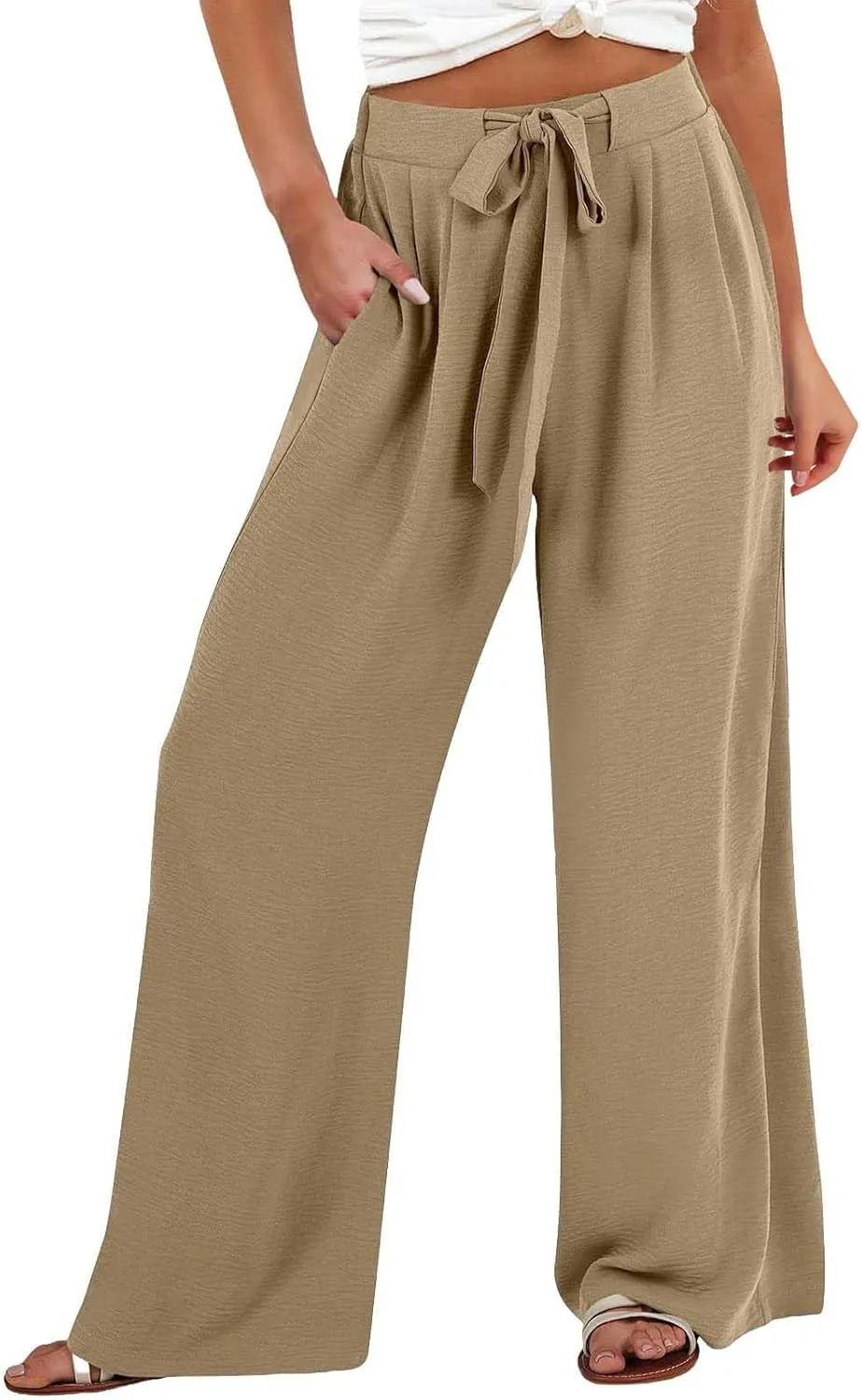 Women's High Waisted Wide Leg Flowy Pants Solid Color Tie Knot Palazzo Pants Casual Loose Beach Trousers with Pockets