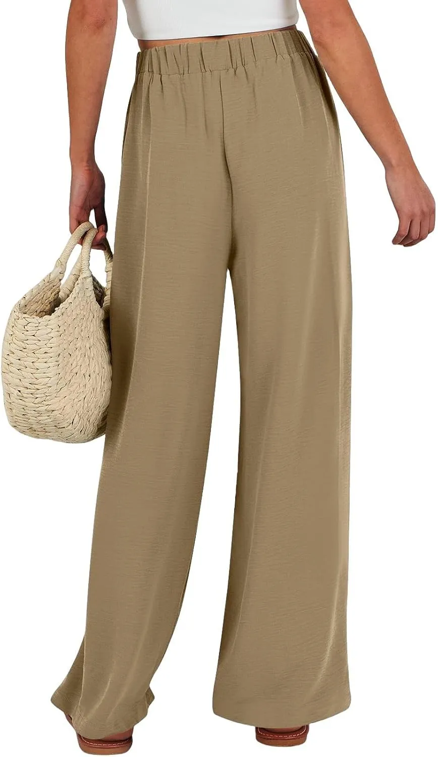 Women's High Waisted Wide Leg Flowy Pants Solid Color Tie Knot Palazzo Pants Casual Loose Beach Trousers with Pockets