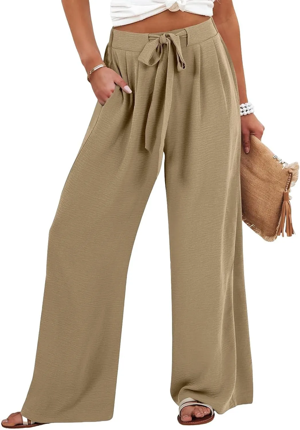 Women's High Waisted Wide Leg Flowy Pants Solid Color Tie Knot Palazzo Pants Casual Loose Beach Trousers with Pockets