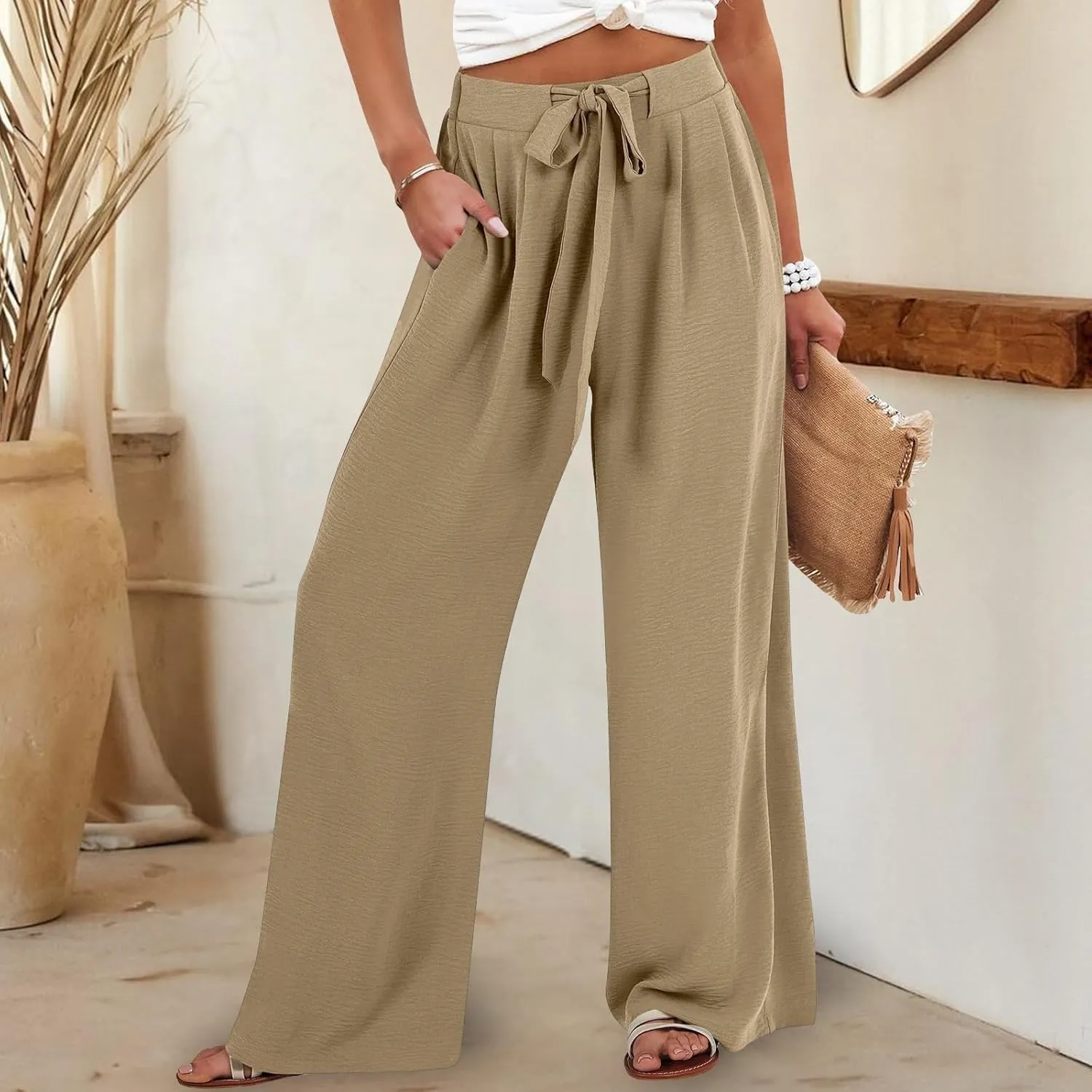 Women's High Waisted Wide Leg Flowy Pants Solid Color Tie Knot Palazzo Pants Casual Loose Beach Trousers with Pockets
