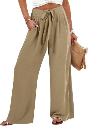 Women's High Waisted Wide Leg Flowy Pants Solid Color Tie Knot Palazzo Pants Casual Loose Beach Trousers with Pockets