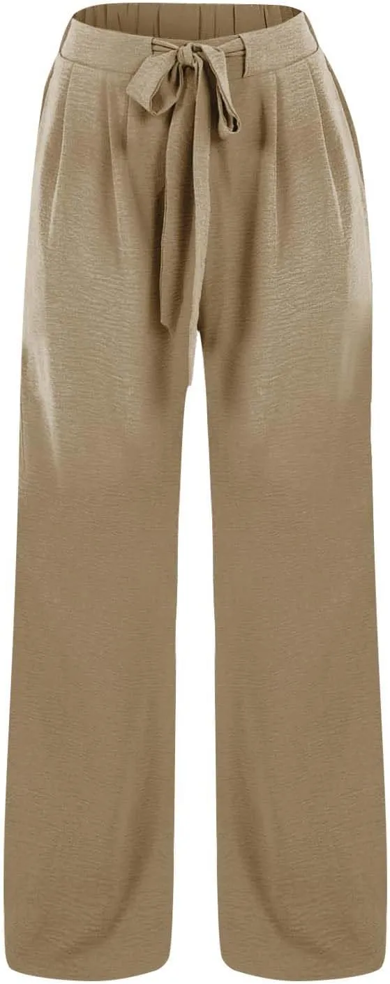 Women's High Waisted Wide Leg Flowy Pants Solid Color Tie Knot Palazzo Pants Casual Loose Beach Trousers with Pockets