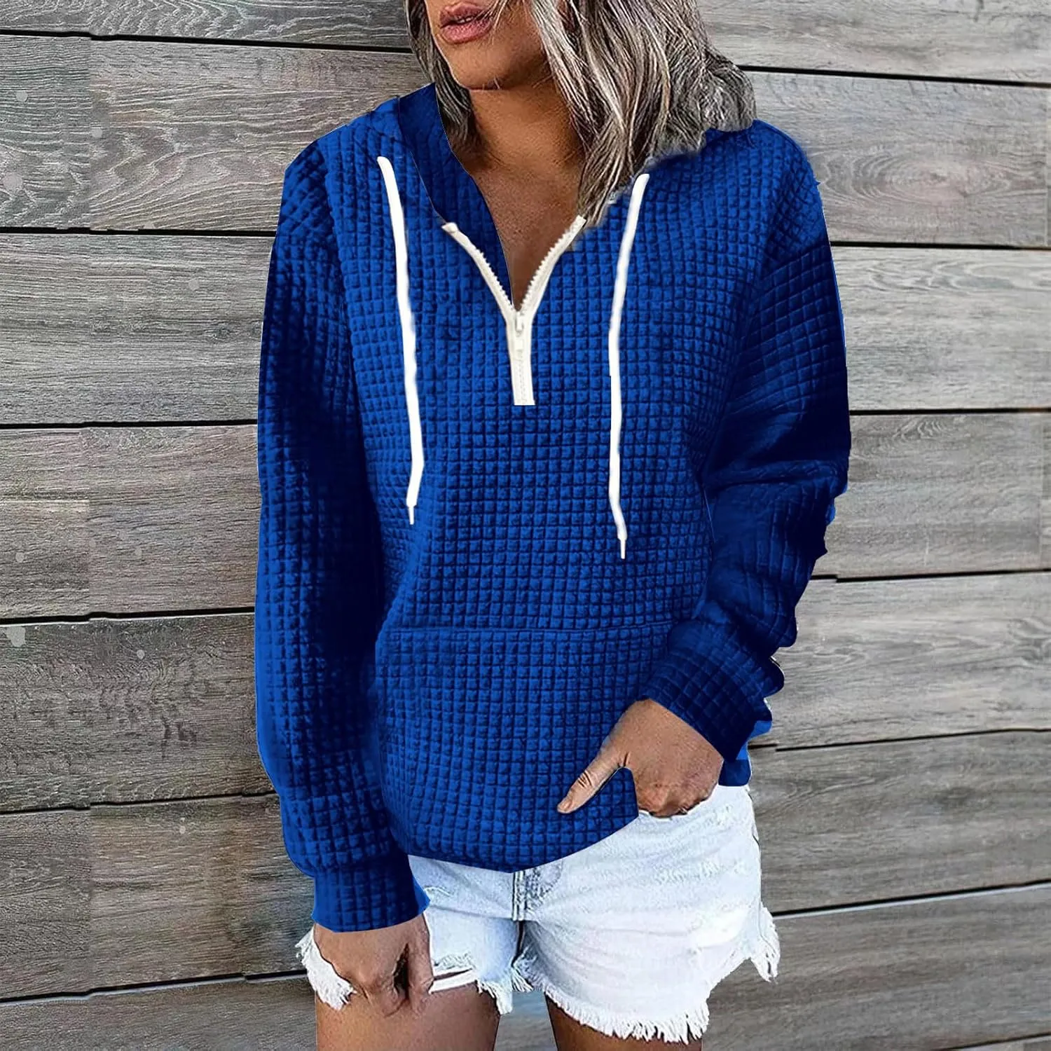 Womens Hoodies Casual Long Sleeve Drawstring Waffle Knit Pullover Tops Loose Hooded Sweatshirt with Pocket