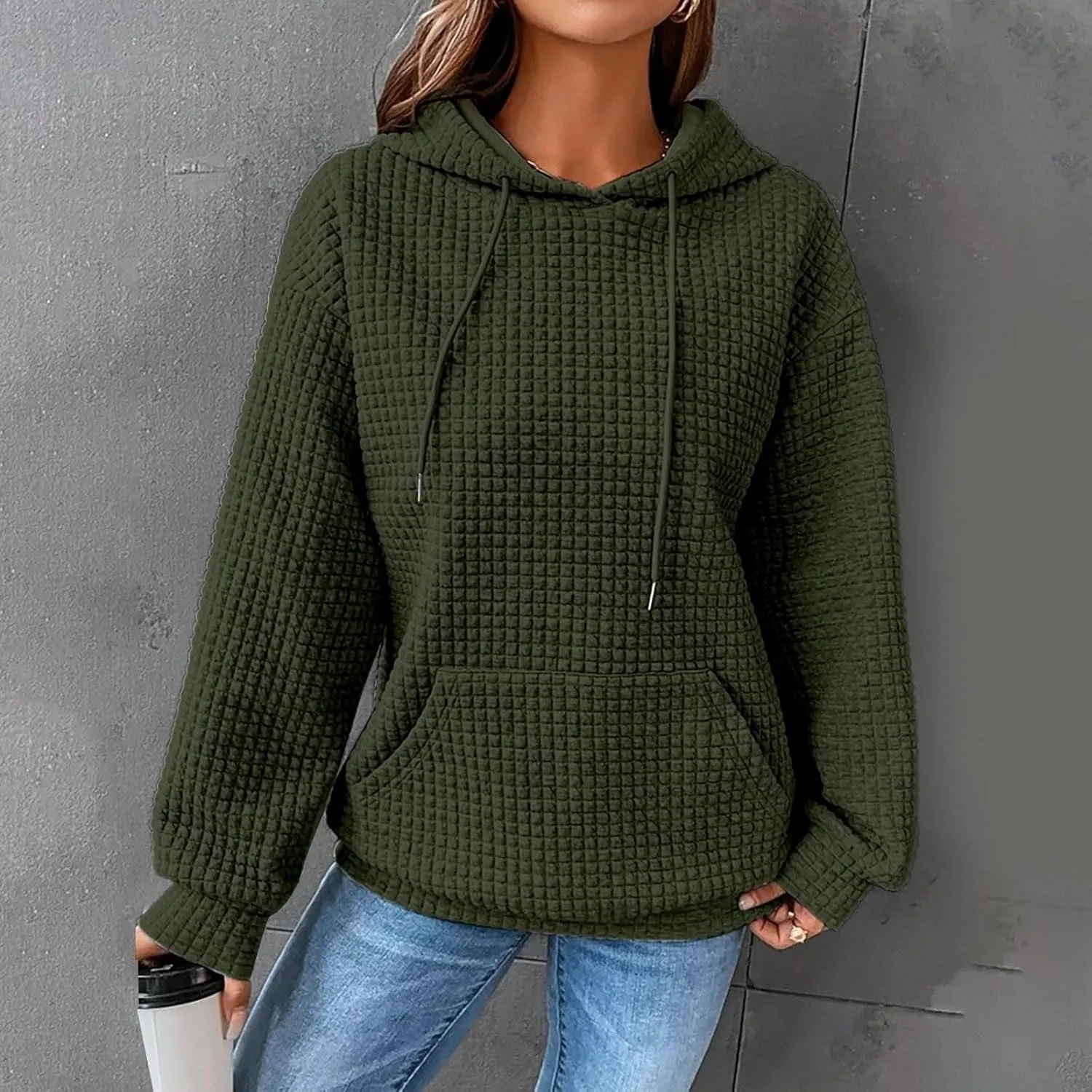Womens Hoodies Oversized Waffle Drawstring Thick Pullover Sweatshirt Fall Fashion 2024 Soft Baggy Tunic Hoodies