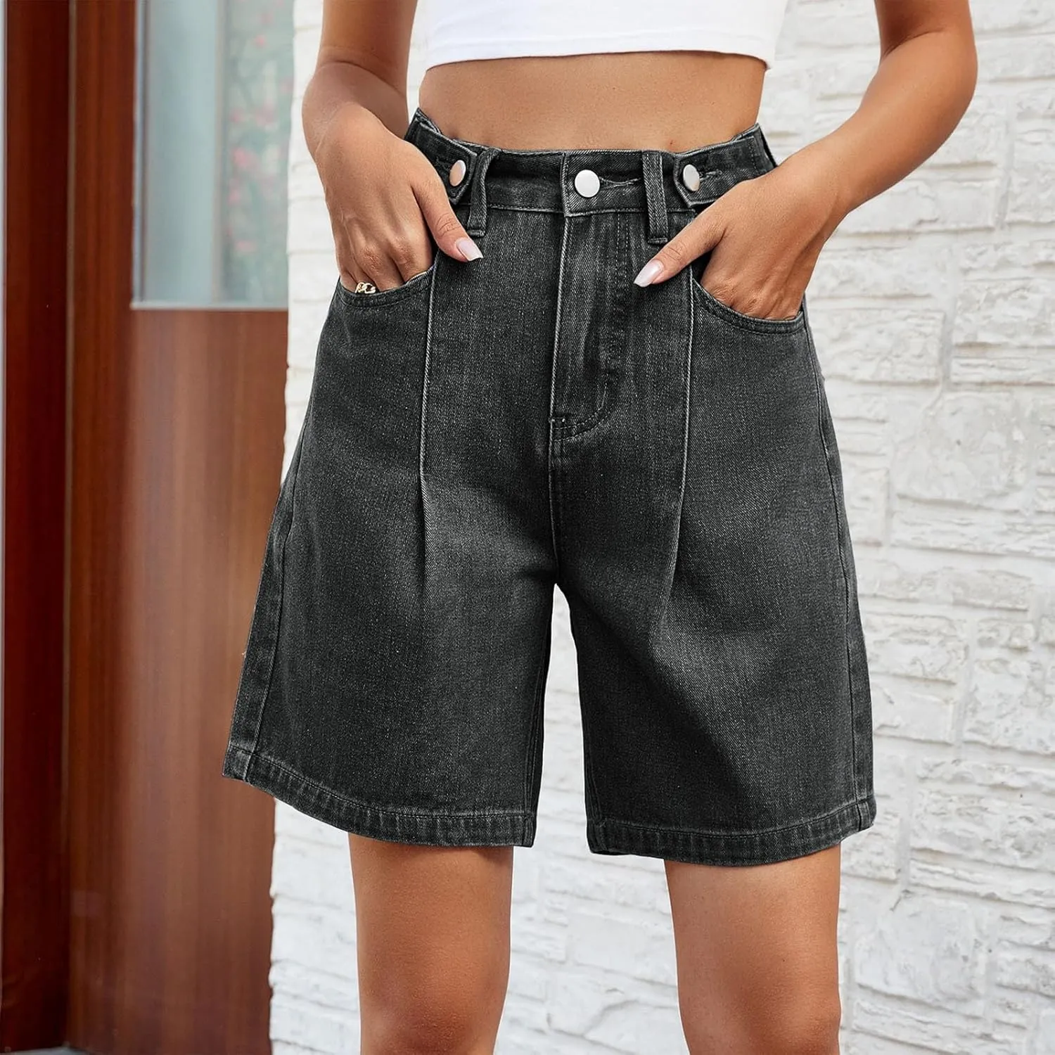 Women's Jean Shorts High Waisted Stretchy Casual Pleated Bermuda Shorts Summer Denim Short Trousers with Pockets