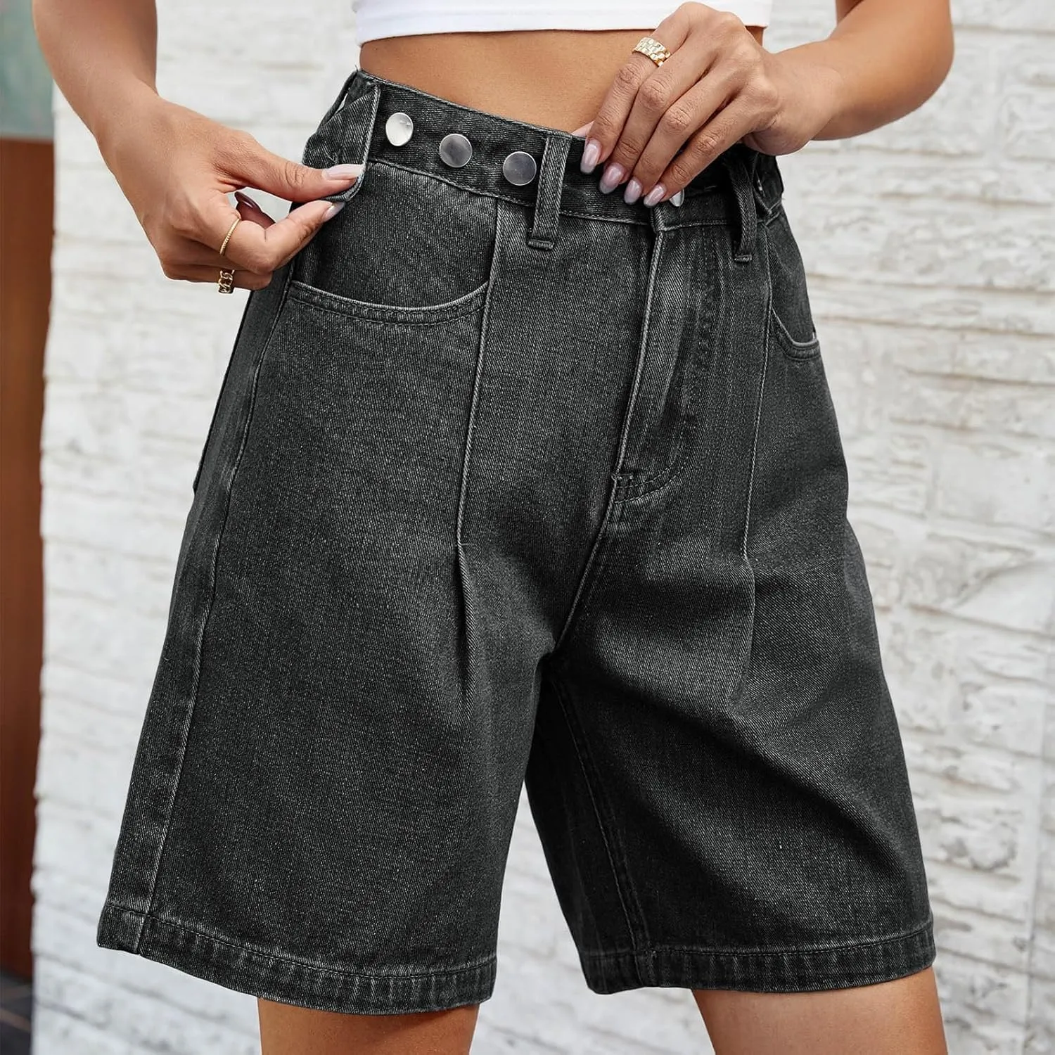 Women's Jean Shorts High Waisted Stretchy Casual Pleated Bermuda Shorts Summer Denim Short Trousers with Pockets
