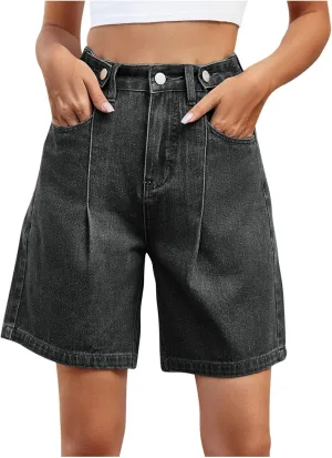 Women's Jean Shorts High Waisted Stretchy Casual Pleated Bermuda Shorts Summer Denim Short Trousers with Pockets