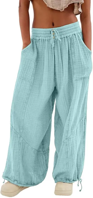 Women's Lightweight Oversized Baggy Pants Trendy High Waist Breathable Pleated Trouser Beach Playing Casual Sweatpant