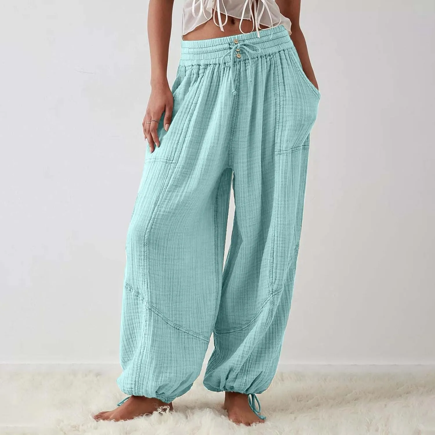Women's Lightweight Oversized Baggy Pants Trendy High Waist Breathable Pleated Trouser Beach Playing Casual Sweatpant