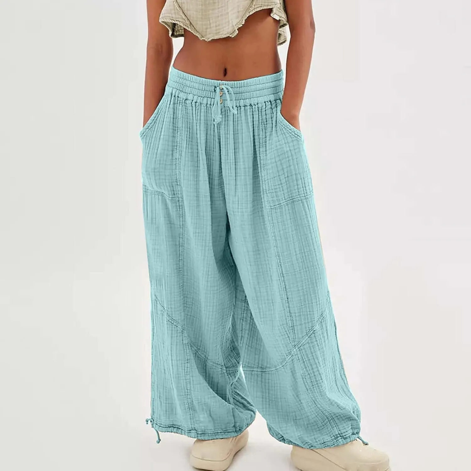 Women's Lightweight Oversized Baggy Pants Trendy High Waist Breathable Pleated Trouser Beach Playing Casual Sweatpant