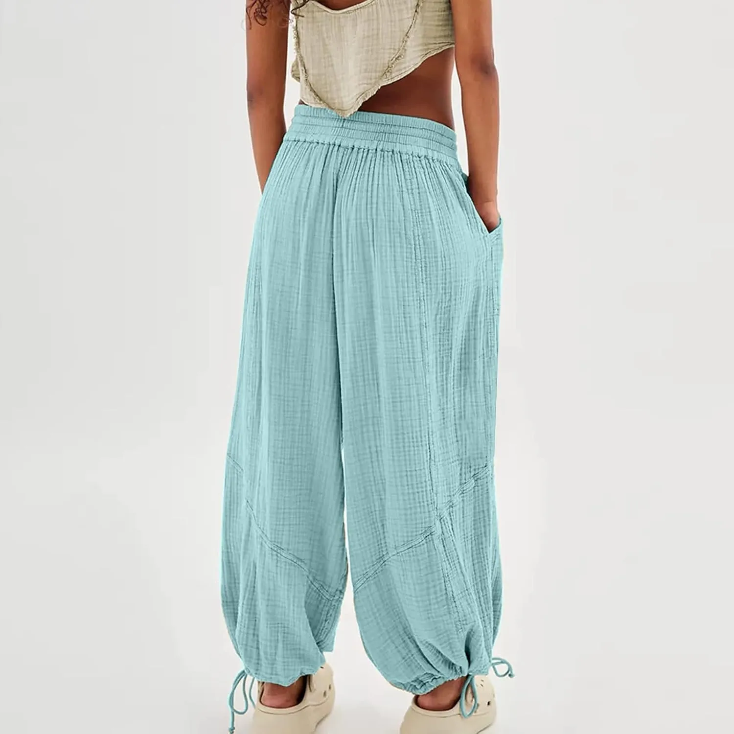 Women's Lightweight Oversized Baggy Pants Trendy High Waist Breathable Pleated Trouser Beach Playing Casual Sweatpant