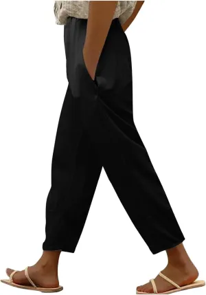 Womens Linen Blend Summer Baggy Pants Elastic Waist Stretchy Straight Plus Size Pant Trousers Beach