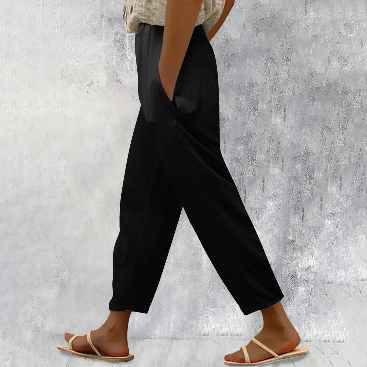 Womens Linen Blend Summer Baggy Pants Elastic Waist Stretchy Straight Plus Size Pant Trousers Beach
