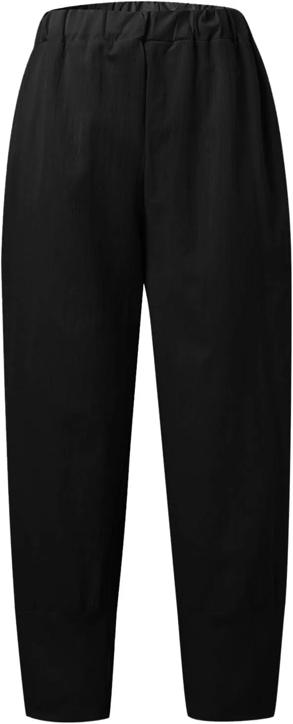 Womens Linen Blend Summer Baggy Pants Elastic Waist Stretchy Straight Plus Size Pant Trousers Beach