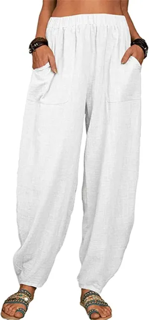 Womens Linen Blend Summer Baggy Pants High Waist Wide Leg Slim Fit Pant Trousers Trendy