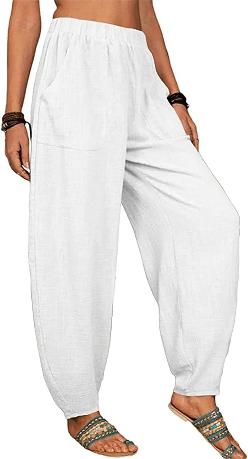 Womens Linen Blend Summer Baggy Pants High Waist Wide Leg Slim Fit Pant Trousers Trendy