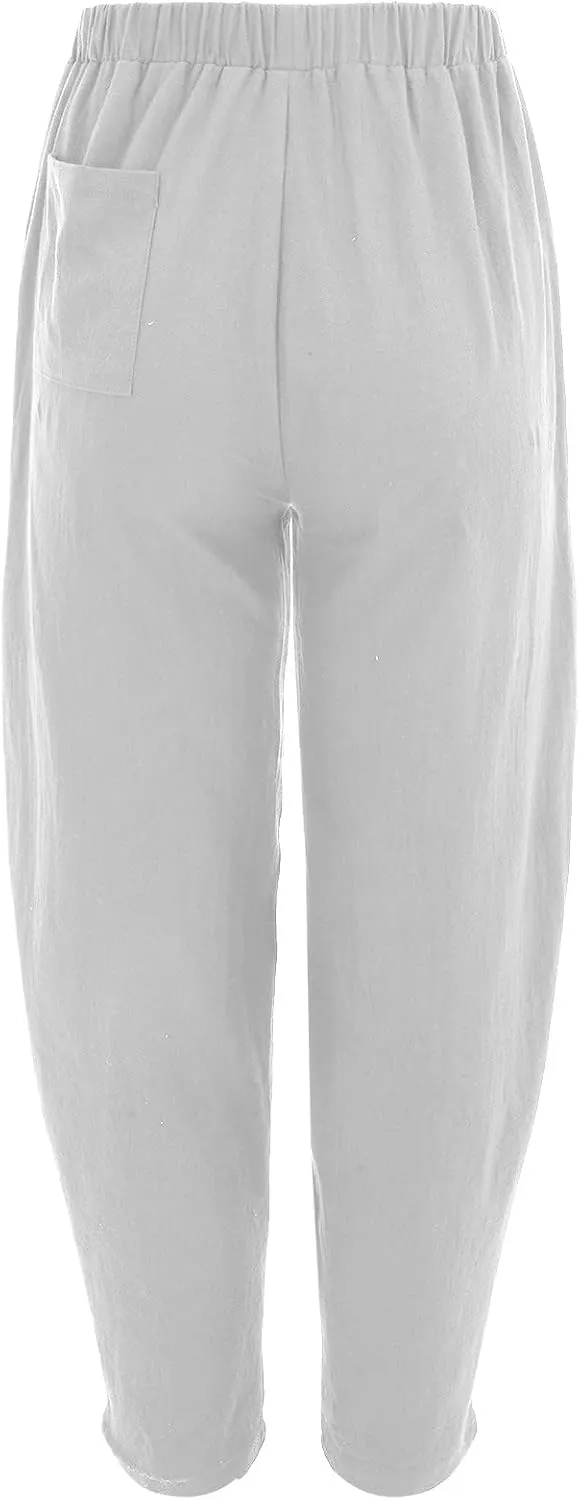 Womens Linen Blend Summer Baggy Pants High Waist Wide Leg Slim Fit Pant Trousers Trendy