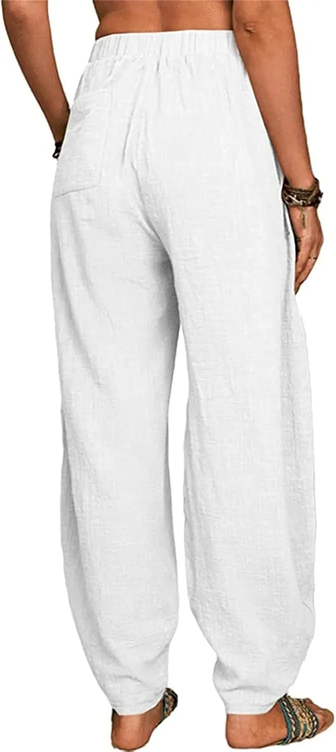 Womens Linen Blend Summer Baggy Pants High Waist Wide Leg Slim Fit Pant Trousers Trendy