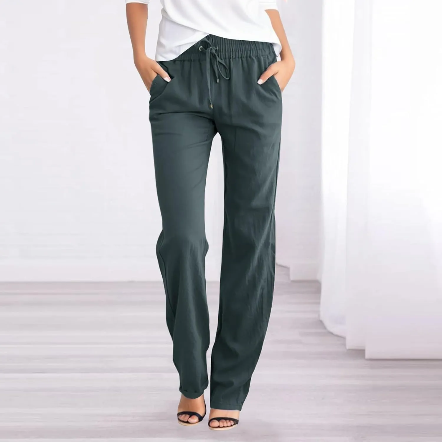 Women's Linen Blend Summer Boho Pant Trousers Elastic Waist Bootcut Slim Fit Pant Trousers Vacation