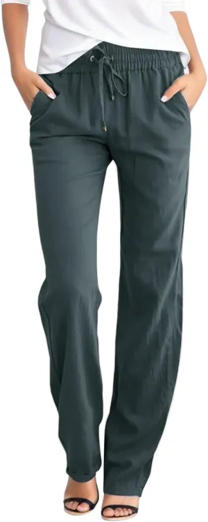 Women's Linen Blend Summer Boho Pant Trousers Elastic Waist Bootcut Slim Fit Pant Trousers Vacation