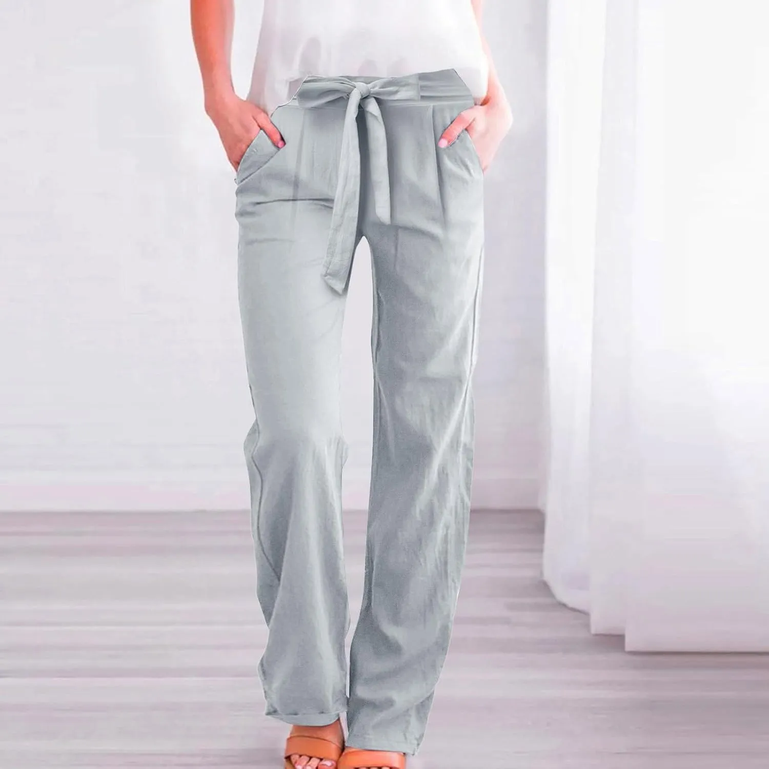 Women's Linen Blend Summer Casual Flowy Pants High Waist Lounge Pants Plus Size Trouser Vacation