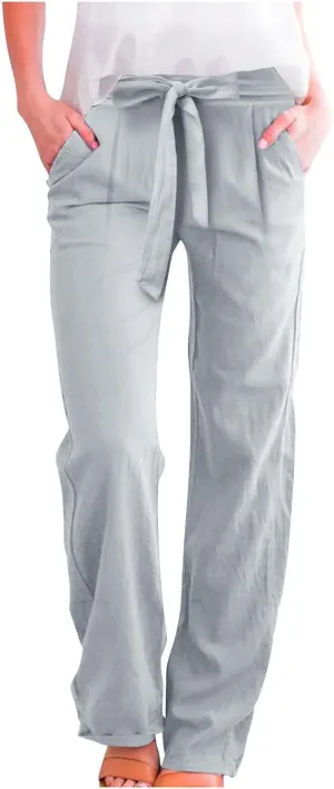 Women's Linen Blend Summer Casual Flowy Pants High Waist Lounge Pants Plus Size Trouser Vacation