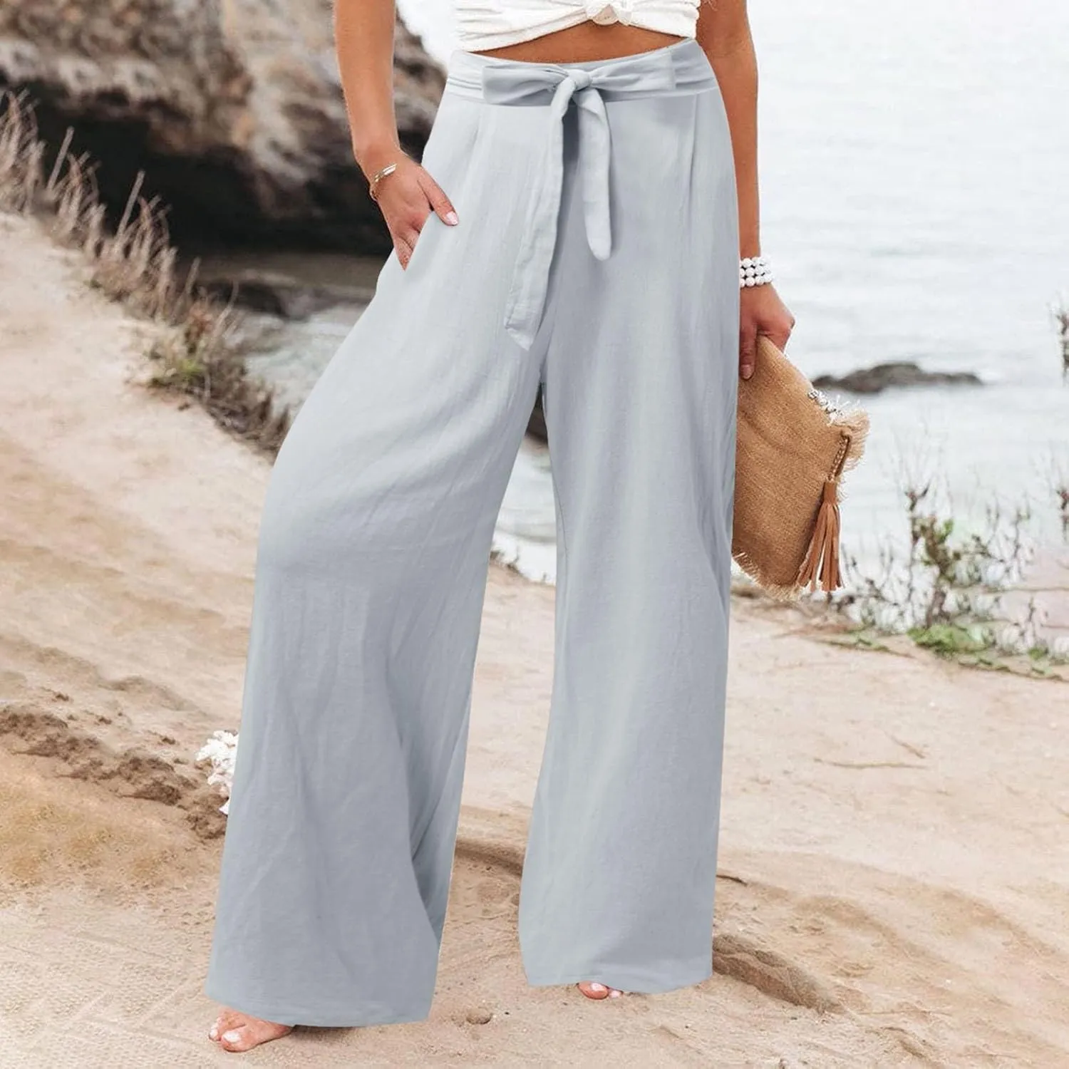 Women's Linen Blend Summer Casual Flowy Pants High Waist Lounge Pants Plus Size Trouser Vacation