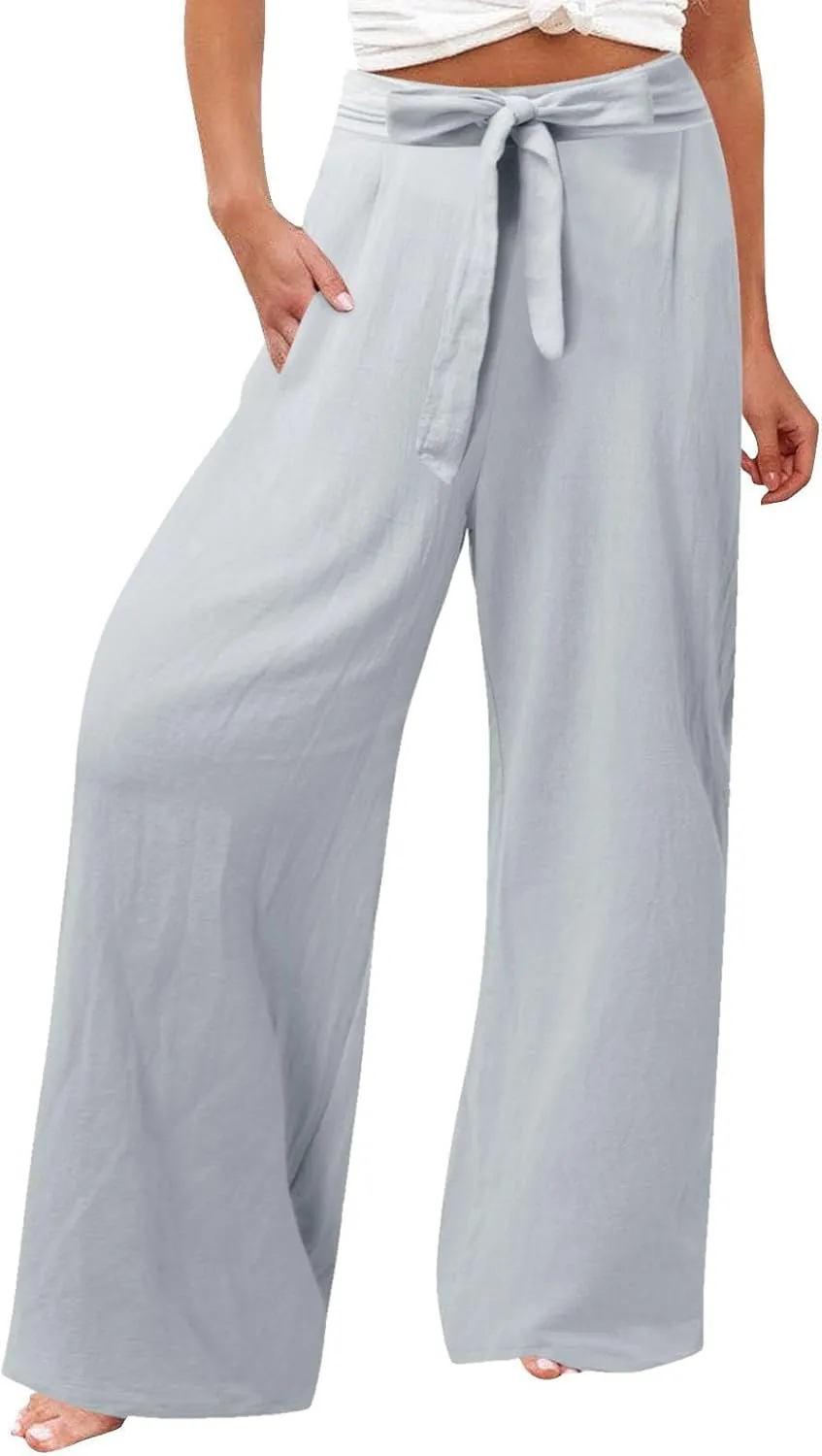 Women's Linen Blend Summer Casual Flowy Pants High Waist Lounge Pants Plus Size Trouser Vacation