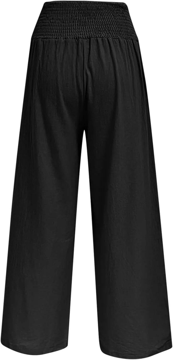 Women's Linen Blend Summer Flowy Pant Trousers Low Waist Ankle Length Loose Fit Trousers Vacation