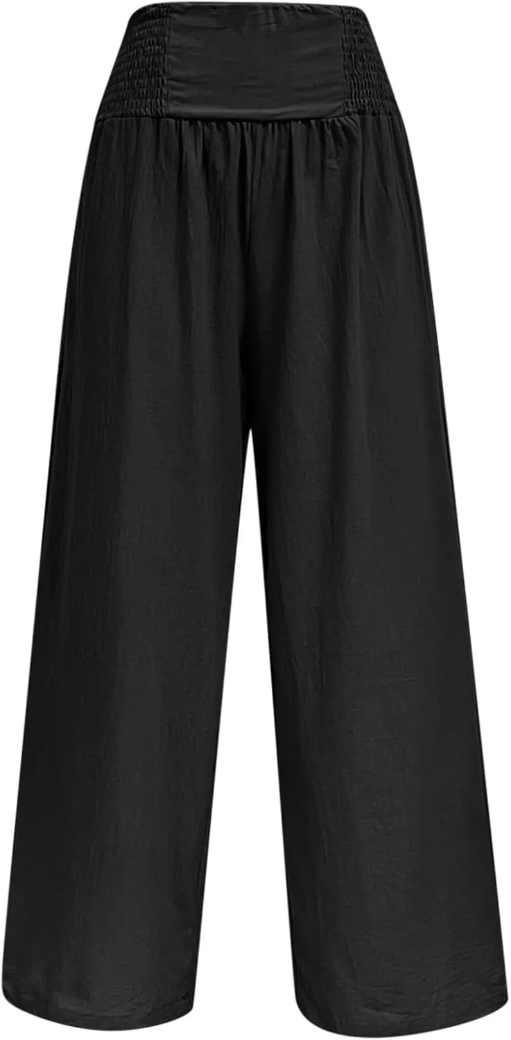 Women's Linen Blend Summer Flowy Pant Trousers Low Waist Ankle Length Loose Fit Trousers Vacation
