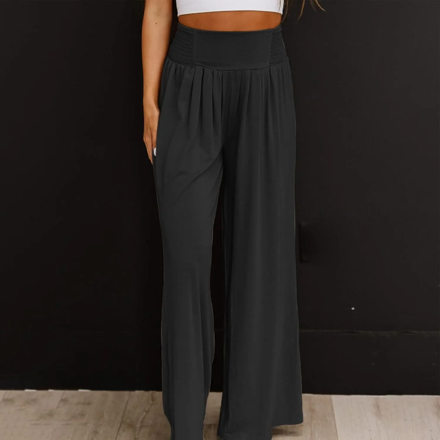 Women's Linen Blend Summer Flowy Pant Trousers Low Waist Ankle Length Loose Fit Trousers Vacation