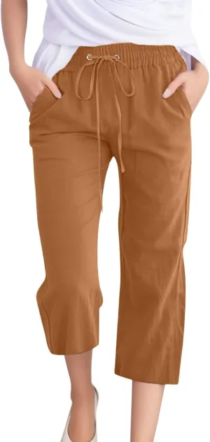 Women's Linen Blend Summer Flowy Pants Elastic Waist Stretchy Slim-Fit Trouser Vacation