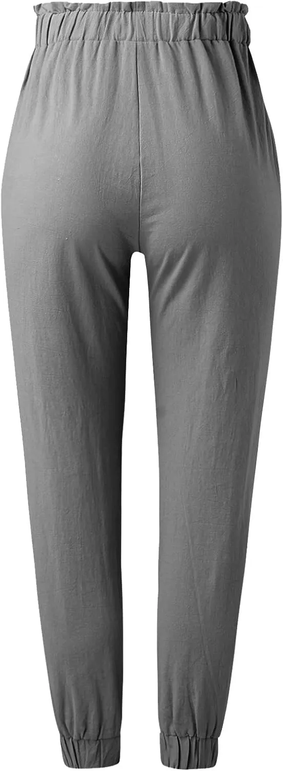 Women's Linen Blend Summer Flowy Pants Low Waist Stretchy Straight Slim Fit Palazzo Pants Work Business