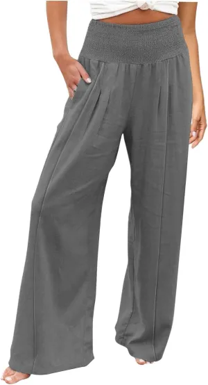 Women's Linen Blend Summer Palazzo Palazzo Pants High Waist Straight Slim Fit Pants Business Work