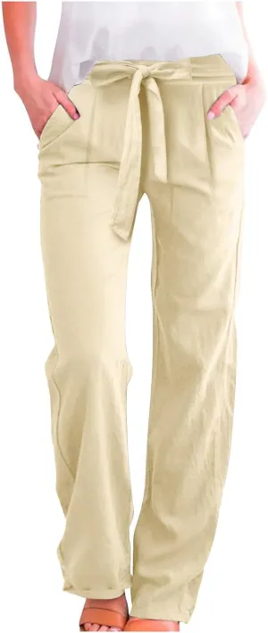 Womens Linen Blend Summer Print Palazzo Pants Low Waist Wide Leg Slim-Fit Trousers Vacation