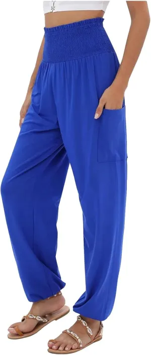 Womens Linen Blend Summer Split Flowy Pant Trousers Elastic Waist Long Lounge Loose Fit Palazzo Lounge Pants Office