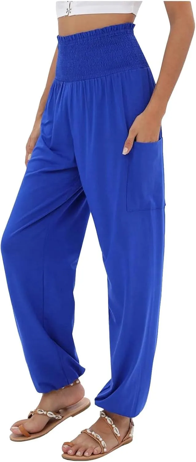Womens Linen Blend Summer Split Flowy Pant Trousers Elastic Waist Long Lounge Loose Fit Palazzo Lounge Pants Office
