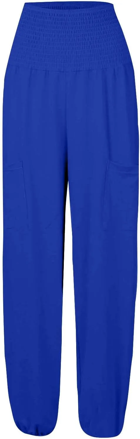 Womens Linen Blend Summer Split Flowy Pant Trousers Elastic Waist Long Lounge Loose Fit Palazzo Lounge Pants Office