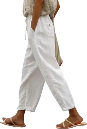 Womens Linen Blend Summer Striped Palazzo Lounge Pants High Waist Straight Plus Size Trousers Office