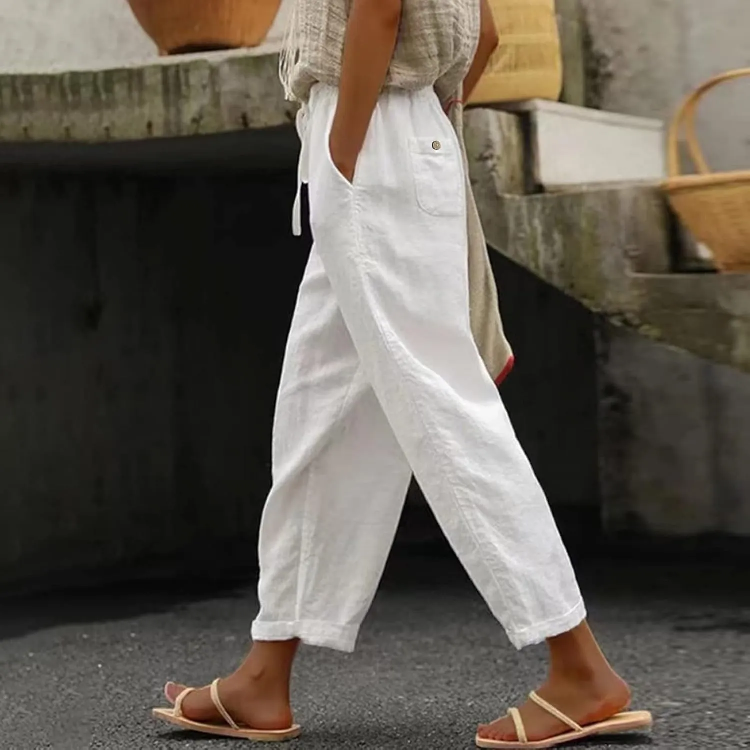 Womens Linen Blend Summer Striped Palazzo Lounge Pants High Waist Straight Plus Size Trousers Office