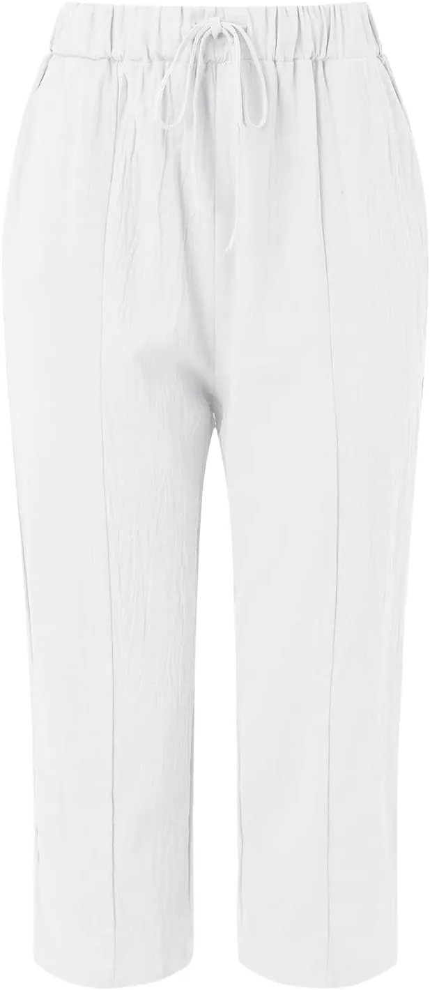 Womens Linen Blend Summer Striped Palazzo Lounge Pants High Waist Straight Plus Size Trousers Office